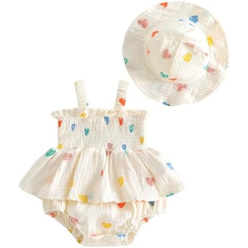 Mubineo Baby Girl Clothes Summer Dress Cotton Linen Romper Sleeveless Smocked Rompers Sun Dress Hat Skirt Boho Outfits