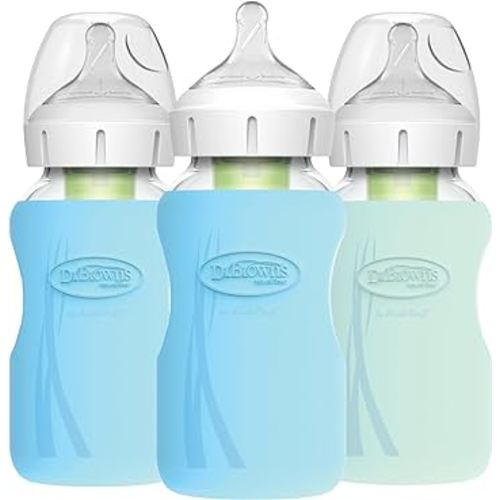 Dr. Brown's Natural Flow Anti-Colic Options+Wide-Neck Glass Baby Bottles 9 oz/270 mL, with Level 1 Slow Flow Nipple, 3 Pack with Blue & Mint 100% Silicone Sleeves, 0m+