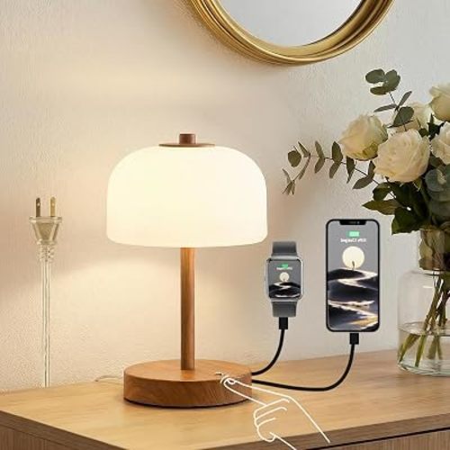 9.5" Small Plug-in Touch Control Table Lamp with USB A+C Charging Ports, Wood Grain Dimmable LED Bedside Lamp with 3 Color Temperatures, Modern Table Lamps for Bedroom Nightstand Living Room