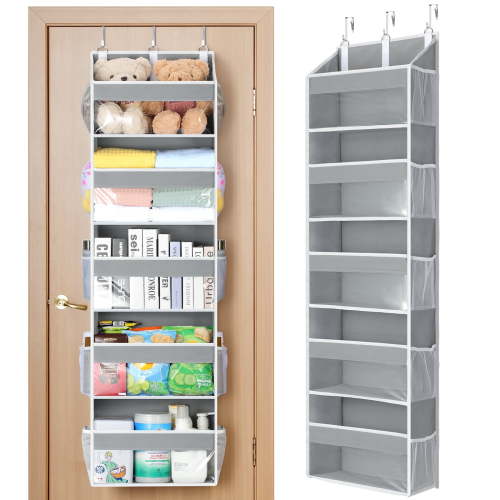 LazySpin Heavy Duty Over the Door Organizer with 5 Tiers & 5 Large Pockets, Hanging Storage Closet Door Organizer with 10 Side Pockets & PVC View for Bathroom, Bedroom, Pantry, Nursery, Gray