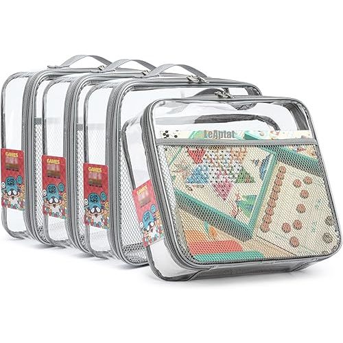 4-Pack Large Clear Toy Storage Bags with Name Label Pockets, Waterproof PVC Organizer for Legos, Building Blocks, Board Games, Puzzle & Crafts(Gray, Small)