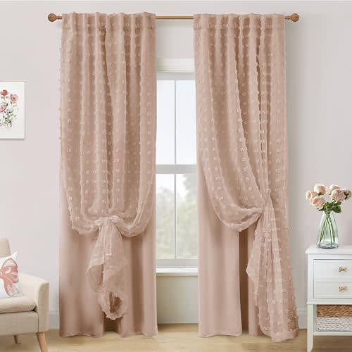 Neutral Peach Blush Pink Curtains for Baby Nursery Girl,Blackout Tufted Floral Embroidered Sheer Boho Nude Dusty Rose Curtains for Bedroom 2 Panels 84 Inches Long