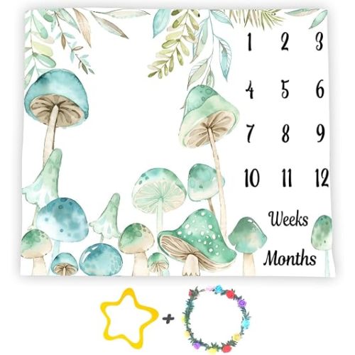 Mushroom Theme Baby Monthly Milestone Blanket, Soft Flannel Watercolor Spring Tropical Eucalyptus Leaves Botanical Photography Prop Newborn Baby Shower Age Growth Tracker (Green, 48x40in)