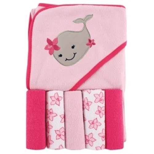 Luvable Friends Baby Girl Hooded Towel with Five Washcloths, Girly Whale, One Size - Girly Whale - One Size