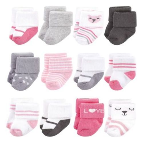 Hudson Baby Basics Infant Baby Cozy Terry Baby Sock 12-Pack, Sweet Bear Friends, 0-6 Months