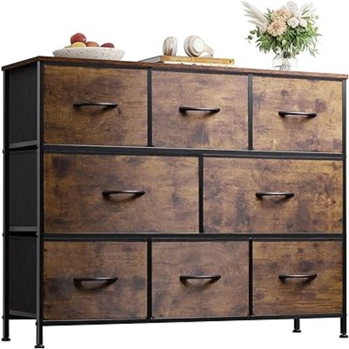 WLIVE 8 Drawer Dresser for Bedroom, Fabric Dresser with Large Storage Drawer Unit for Entryway, Chest of Drawers for Living Room, Rustic Brown