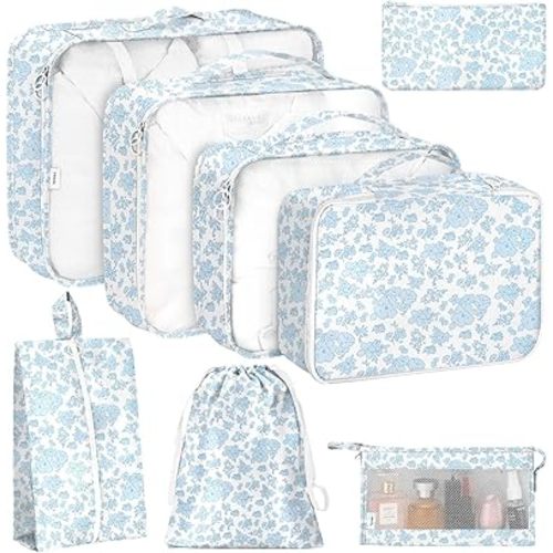 8 Set Packing Cubes for Travel, Luggage Packing Organizers Accessories Large Toiletries Bag for Clothes Shoes Cosmetics (Blue Flower)