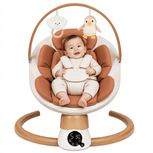 PRVAETU Baby Swing for Infants & Newborns 0-12 Months,Swing Rocker with 5 Speeds,3 Timers,10 Lullabies,5-Point Harness,Remote Control,Brown