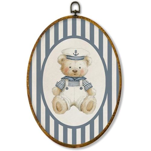 XPH Bear Nautical Nursery Oval Wall Art Framed, Ocean Beach Nursery Oval Wall Decor, Blue Striped Coastal Sailor Bear Hanging Canvas Prints for Home Kids Room Bedroom Decoration, 8.6x11.4 Inch