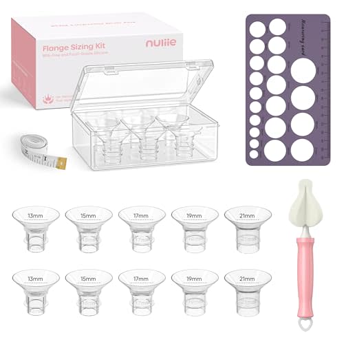 Nuliie Silicone Flange Inserts 13/15/17/19/21mm 10PCS for 24mm Breast Pump | Compatible with Spectra, Includes Nipple Sizer for Flanges, Storage case, Tape Measure and Cleaning Brush for Easy Pumping