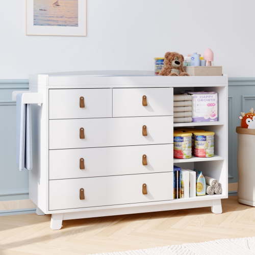 Modern Baby Dresser with Changing Table, 47.3" L x 17.7" D x 35.4" H, 5-Drawer Nursery Storage Organizer with Adjustable Shelves & Safety Rail, White