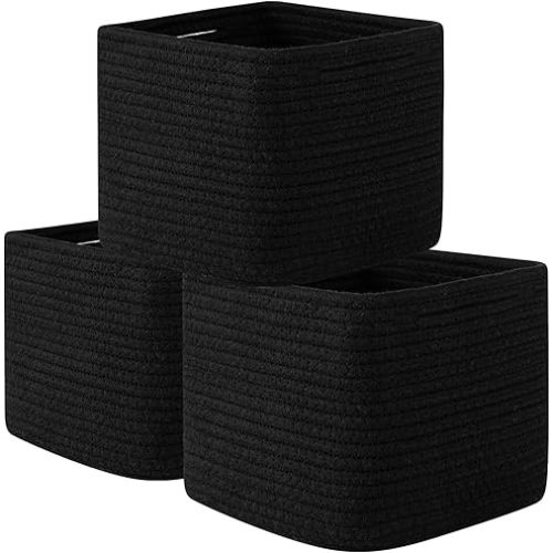 OIAHOMY 9”x9”x7” Storage Cubes, Cotton Rope Woven Baskets for Organizing, Cube Storage Bin, Small Gift Basket for Shelf, 3-Pack, Black