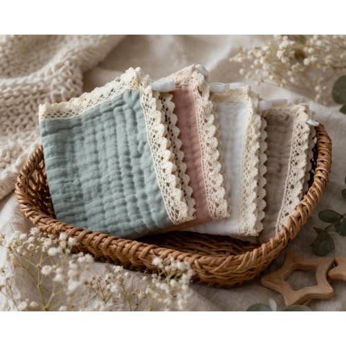 Muslin Baby Washcloths, Lace Trim Burp Cloth Set, 100% Cotton Newborn Essentials