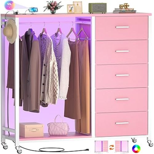 Cyclysio Dresser with Hanging Rack, 5 Fabric Drawers Dresser with Clothes Rack, Wooden Top Storage Chest of Drawers with Charging Station & LED Lights, Lockable Wheels, Closet