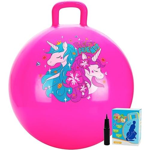 U&C Planet Hopper Ball 18 inches Bouncy Ball with Handle for Kids Age 3-6 Hoppity Hop Sit and Bounce Jumping Hopping Toy with Pump and Gift Box Great Gift for Birthday Christmas, Pink