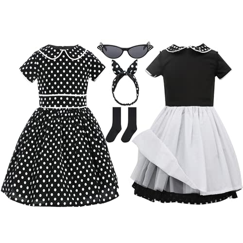 Leadtex Vintage 1950s Polka Dot Audrey Swing Dress 1950s Retro Party A-Line Dress for Girls with Glasses,Socks and Headband