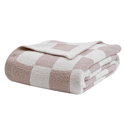 bearberry Fuzzy Checkerboard Grid Throw Blanket Knitted Soft Cozy Warm Microfiber Blanket Decor for Couch Sofa Bed Travel Home (Cream, 40''x50'')