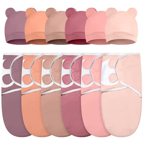 Ramede 6 Pack Swaddle Blanket with Hats for Baby Girl Boy 100% Cotton Swaddles 0-3 Months, Adjustable Breathable Skin Friendly Receiving Blanket Wrap, Essential for Newborns