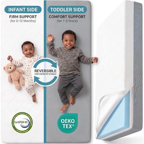 DeerFable Dual Sided Baby Crib Mattress, 5 Inch Thick Soft & Firm Memory Foam Breathable Toddler Mattress, 4 in1 Standard Baby Bed Mattresses with Removable Washable Cover 52x27.6x5 - Gray