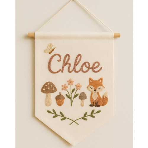 Custom Name Embroidery Wall Hanging Banner – Hand Embroidered Linen Flag, Baby Shower Gift, Kids Room & Nursery Decor M129
