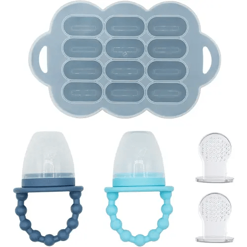 WeeSprout Baby Food Feeder Set - 2 Silicone Feeders & Reusable Freezer Tray with Lid - BPA-Free Fresh Fruit & Veggie Pacifier for Babies & Toddlers - Double as Teething Toys - Dishwasher Safe