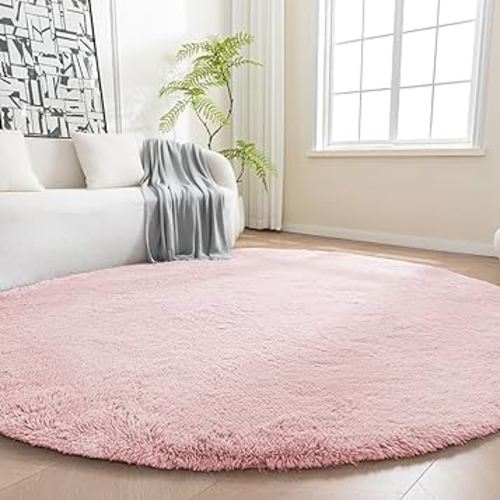 Amazon Basics Fluffy Washable Round Area Rug, Circle Shaggy Carpet for Living Room, Bedroom, Nursery, 4'R, Pink