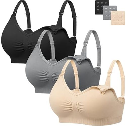 Angelhood Womens Seamless Sleep Nursing Bra,Breastfeeding Maternity Bra with Remove Bra Pads Extenders Pack of 3