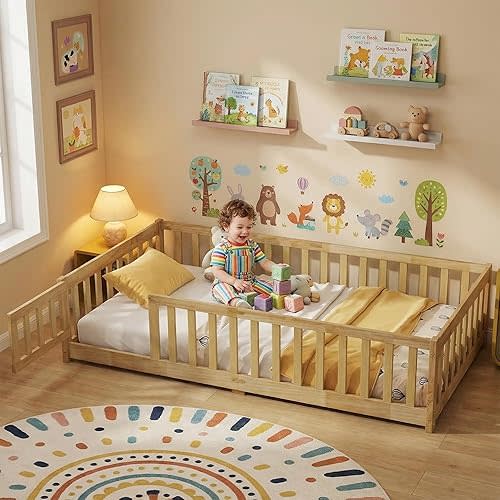 Twin Floor Bed with Safety Guardrails for Kids, Rubber Wood Montessori Bed with Slats and Convertible Door, Twin Size Bed Frame for Girls and Boys,No Box Spring Needed,Natural