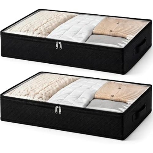 Fixwal Black Underbed Storage Bags with Clear Window and 2 Reinforced Handles Under Bed Storage Containers for Clothing, Bedding, Comforter (2 Pack)