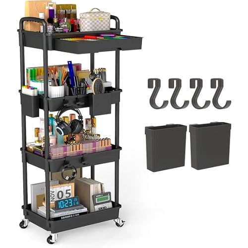 4 Tier Rolling Utility Cart with Drawer, Plastic Storage Organizer Rolling Carts with Wheels Handles Hanging Cups Hooks for Office, Bathroom, Kitchen,Craft Art Room (Black)