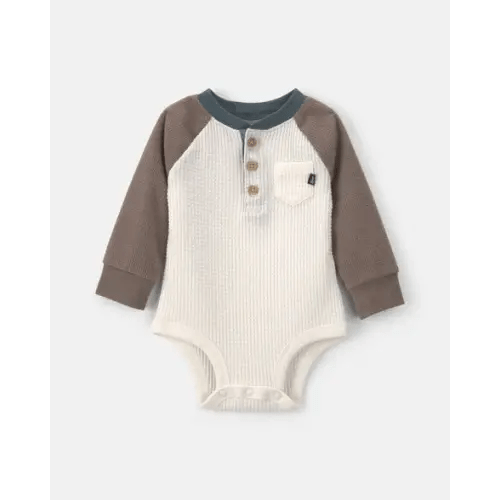 Baby Boy Waffle-Knit Long-Sleeve Henley Bodysuit - Cream/Brown - OshKosh B'gosh | Carter's