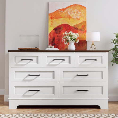 Homall 7-Drawer Wood Dresser for Bedroom, Large Storage Cabinet with Anti-Tip Safety and Modern Arch Design, Classified Storage Organizer Chest for Living Room, Hallway, Brown and White