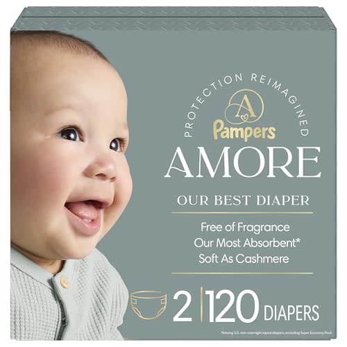 Pampers Amore, Size 2 (10-22 lbs), 120 Count, Our Best Diaper – Hypoallergenic & Fragrance Free, Up to 100% Leakproof, Soft as Cashmere