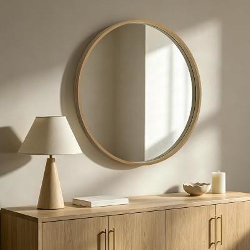 HOMECOOKIN Round Wood Mirror 32 inch Circle Mirror, Rustic Farmhouse Wooden Framed Decorative Wall Decor, Vanity Wall Mirror for Bathroom, Bedroom, Entryway, Living Room (Natural)