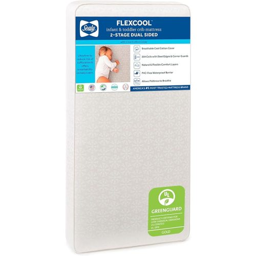 Sealy Baby Flex Cool 2 Stage Breathable Crib Mattress with Toddler Bed Fit, Waterproof & Airy Cotton Cover, 204 Premium Coils, GREENGUARD Gold Certified, Safety & Quality Tested, Made in USA, 52x28"