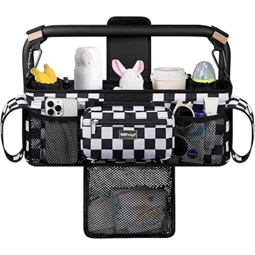 TOPDesign Universal Baby Stroller Organizer, Double Stroller Caddy with Detachable Mesh Bag & Heightened Insulated Cup Holders & Non-Slip Secure Hooks Accessories, Fits Most Strollers (Checkerboard)