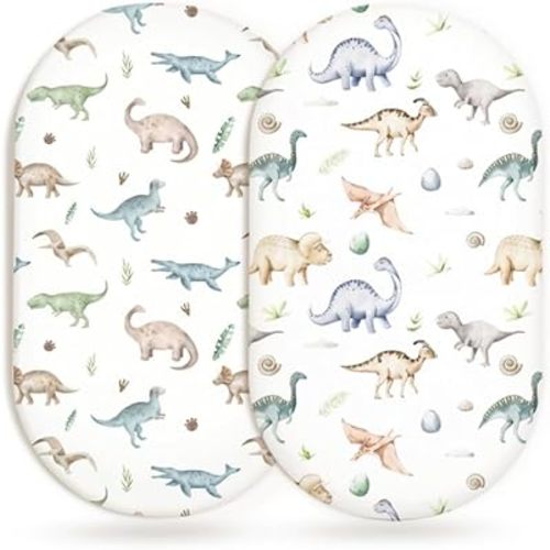 Bassinet Sheets for Baby Girls Boys 2 Pack, Fitted Baby Mattress Sheet for Rectangle, Oval, Hourglass Bassinet Mattress, Breathable Cozy & Universal Fit (Dino Pals)