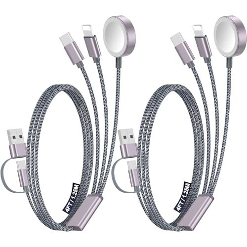 2Pack Multi Charging Cable Cord for Travel Essentials,Apple Watch Charger,iPhone Charger,[3-in-2] Type C/L Cable Portable Designed for iWatch,iPhone 17-8,Galaxy S26-21,Xbox Series X&S,iPad-4FT