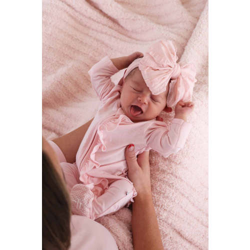 Baby Pink Bamboo Ruffle Zipper Footie