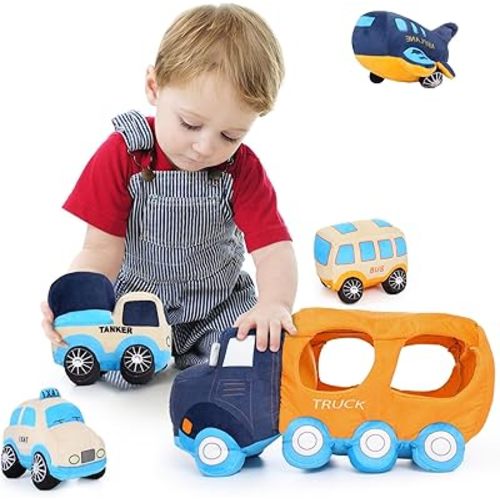 Muiteiur Big Car Stuffed Plush Toy, Soft 4Pcs Stuffed Truck Toy Set for Kid