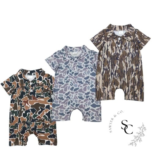 Trendy Retro Camo Polo Romper – Pre-Order