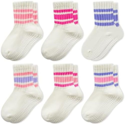 BONANGEL Baby Socks with Grips, 6 Pairs Combed Cotton Seamless Non Slip Crew Socks for Infant Toddler Girls Boys 0-5T