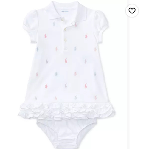 Polo Ralph Lauren - WHITE- Baby Girls Ruffled Pony Printed Polo Dress - 6 months
