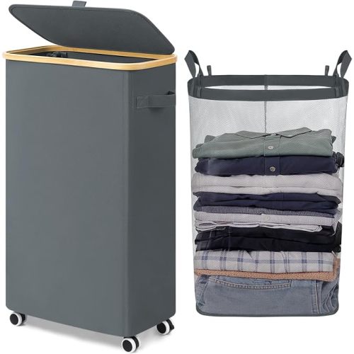 Goodpick Slim Laundry Basket with Wheels and Lid, 75L Rolling Dirty Clothes Hamper for Dorm Bathroom, Large Laundry Hamper with Bamboo Frame Removable Bag, 17" x 9.8" x 29.5", Gray