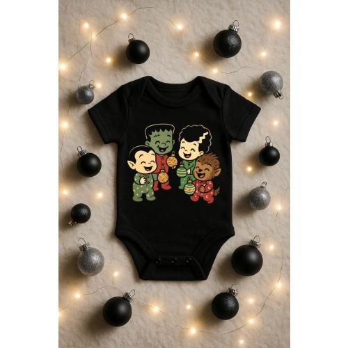 Classic Monsters Baby Christmas Bodysuit • Cute Horror Holiday Pajamas Tee • Spooky Xmas Infant Outfit • Mini Monster Christmas