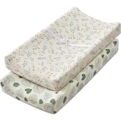 Blissful Diary Muslin Changing Pad Cover for Girls Boys, Ultra Soft Breathable Cotton, Baby Diaper Change Table Pad Covers, 2Pack (Leaf & Monstera Leaves)