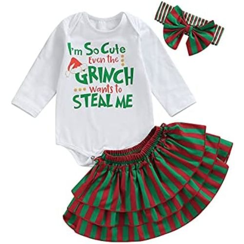 Sasaerucure Infant Toddler Baby Girl Christmas Outfit Long Sleeve Romper Jumpsuit with Stripe Tutu Skirt 2Pcs Clothes Set