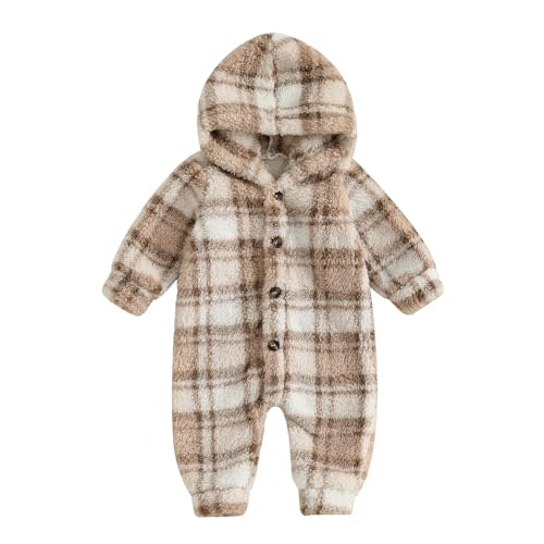 Unisex Baby Fleece Jumpsuit Newborn Hooded Snowsuit | Long Sleeve Plaid/Butterfly Print Romper Warm Winter Clothes, Suit for Outdoors Wear, Soft and Comfort Fabric