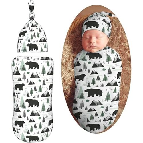 Mountain with Black Bear Newborn Swaddle Blankets Hat Sets Soft Baby Receiving Blanket Swaddle Sack for Baby Shower Infant Boy Girl Gift