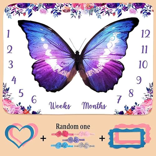 Butterfly Milestone Blanket for Baby Girl, Purple Butterfly Wings Baby Monthly Milestone Blanket, Unisex 1-12 Months Growth Chart, Includes 4 Frame and 1 Headband 47 x 40 Inches, BTLSPH437